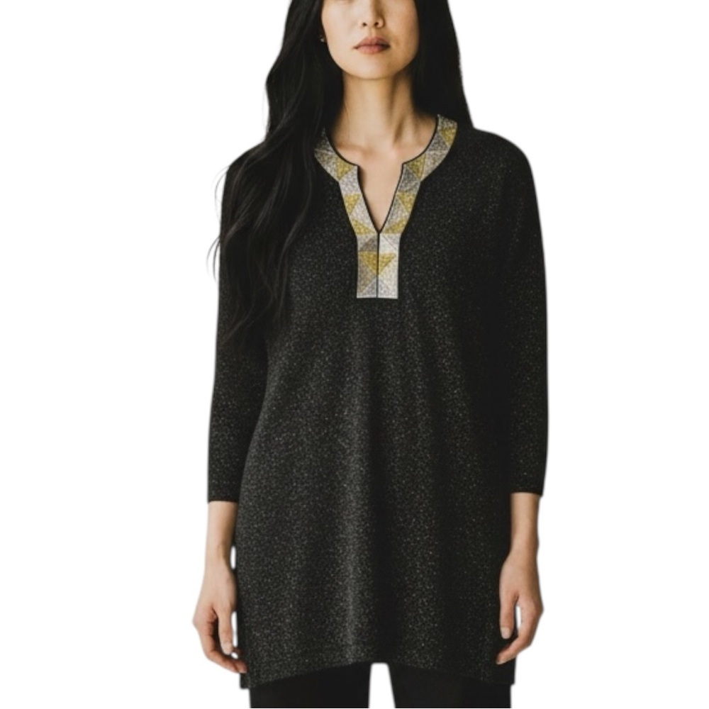 J. McLaughlin 3/4 Sleeve Metallic Tunic in Black / Gold Size Medium